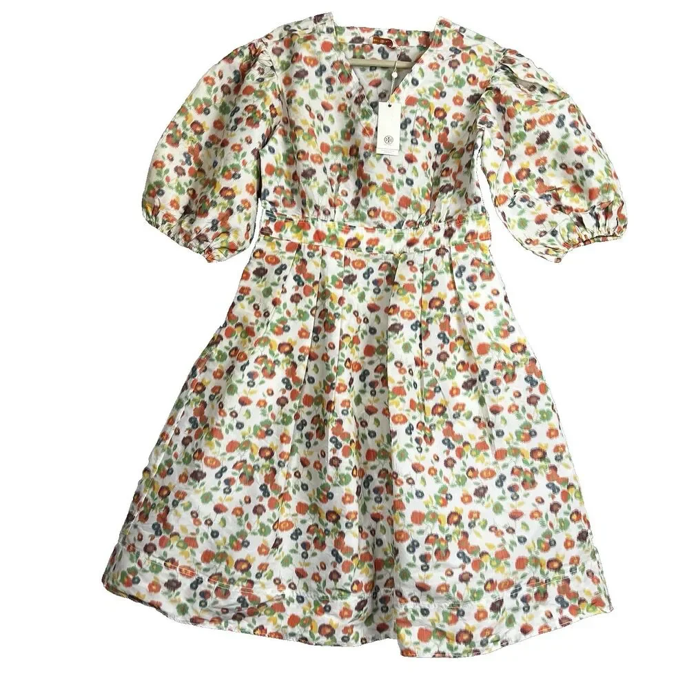 Tory Burch Taffeta Puffed Sleeve Dress Tossed Confetti Floral V-Neck 63672 SZ 10